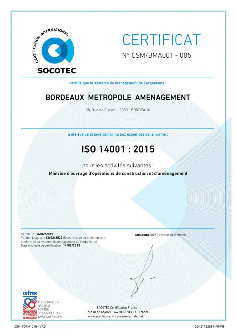 Certification ISO 14001 Version 2015 BMA