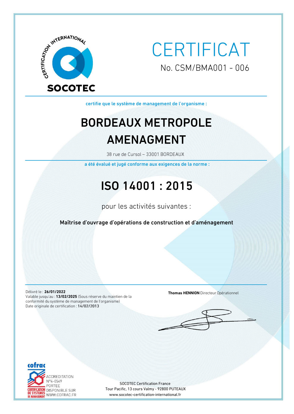 CERTIFICAT BORDERAU METROPOLE AMENAGEMENT