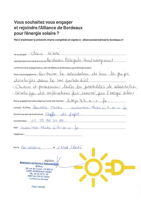 Signature charte BMA Alliance de Bordeaux pour l’énergie solaire